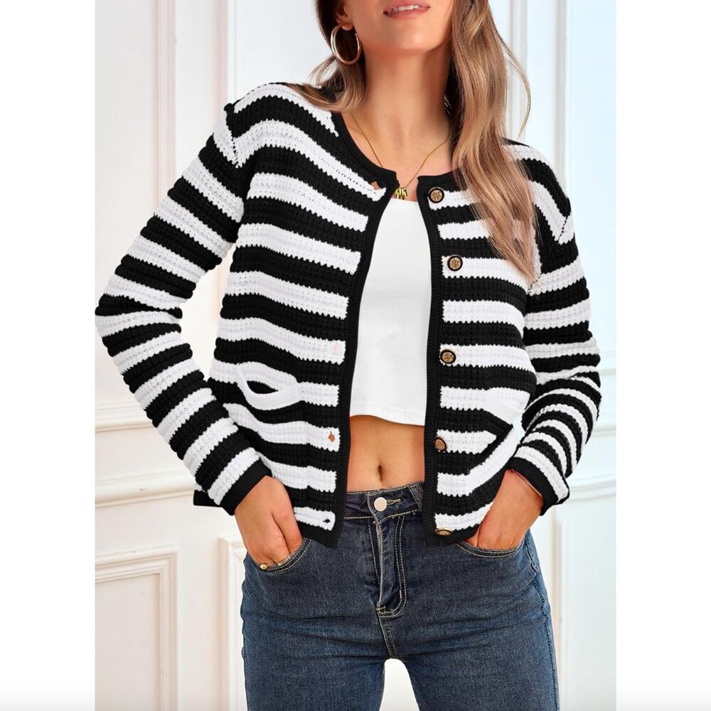 New Pretty Garden Large L White Black Striped Chunky Knit Coco Cardigan Sweater